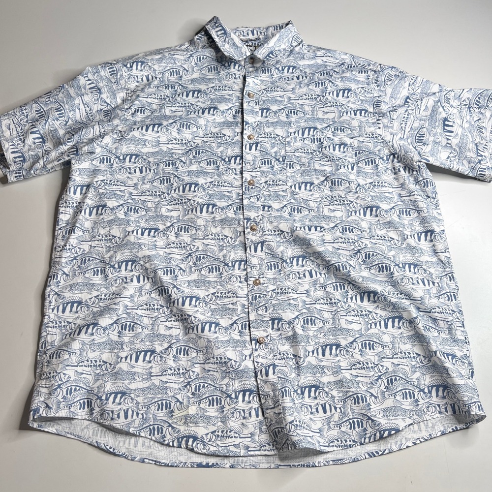 Solaris Mens XL Fishing‎ Shirt Short Sleeve Blue White Fish Print Ripstop Button